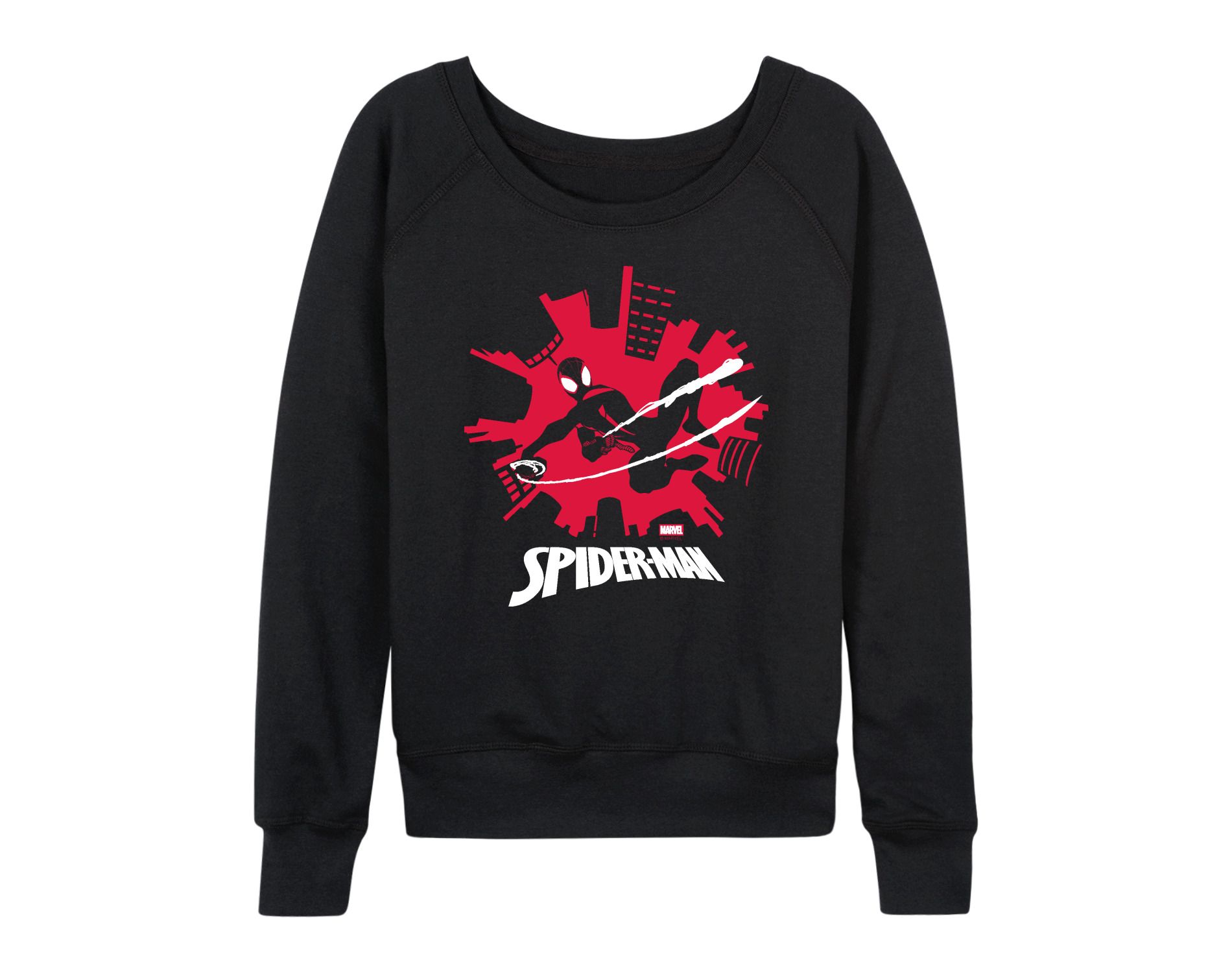 Women's Marvel Spider-Man Miles Skyline Lightweight French Terry Wide Neck Long Sleeve Graphic Shirt - Black - 1X