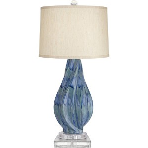 Possini Euro Design Teresa Modern Coastal Table Lamp with Square Riser 32 1/2" Tall Teal Blue Drip Ceramic Beige Drum Shade for Bedroom Living Room - 1 of 4