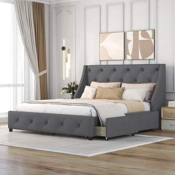 Queen Size Upholstered Wood Platform Bed with Wingback Tufted Headboard and 4 Drawers-ModernLuxe
