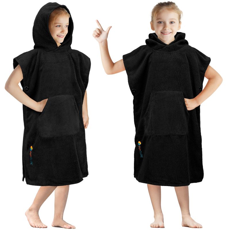 SUN CUBE Kids Changing Robe Surf Beach Towels, Quick Dry Wearable Towel Hood Pocket, Wetsuit Changing Cape for Toddler Boys Girls 3-8 (Black)