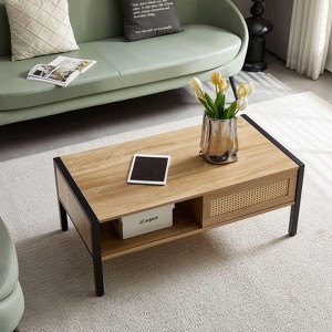 Modern Coffee Table with Hidden Compartment and Open Storage Shelf, Coffee Table with Metal Legs for Home, Office, Natural Oak - 1 of 4