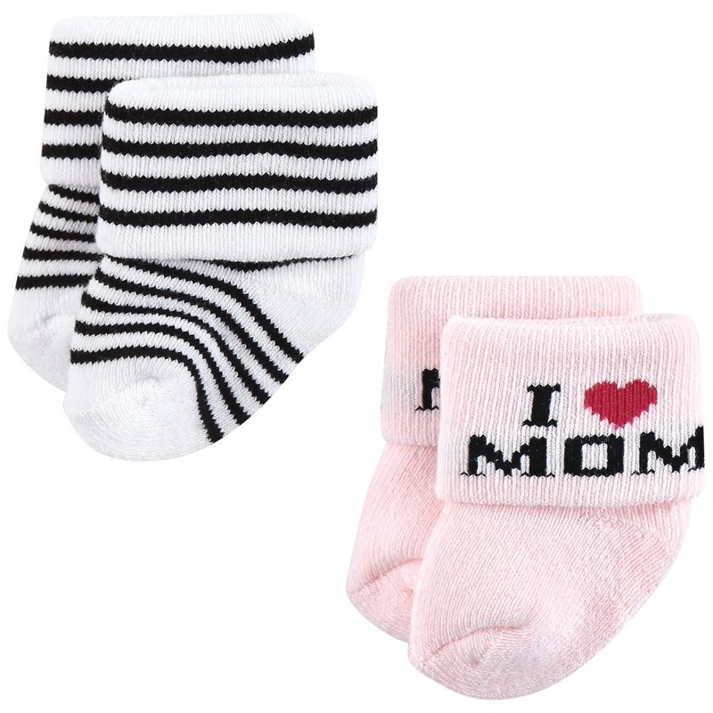 Hudson Baby Infant Girl Cotton Rich Newborn and Terry Socks, Mom and Dad Girl Pink Black, 4 of 10