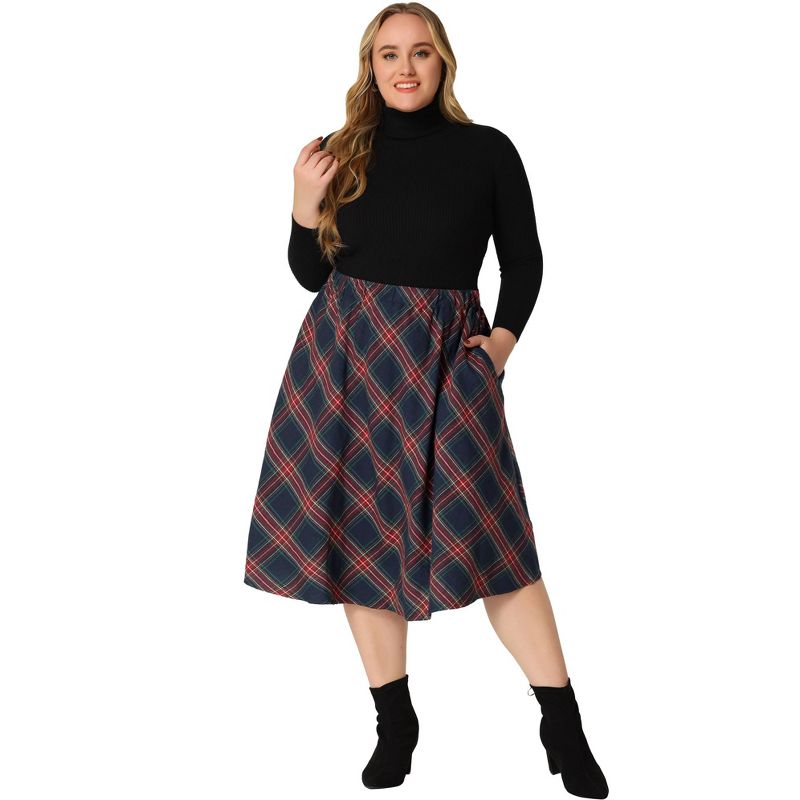 Agnes Orinda Women's Plus Size Velvet Plaid Elastic Waist Flare Fall A Line Skirts, 3 of 7