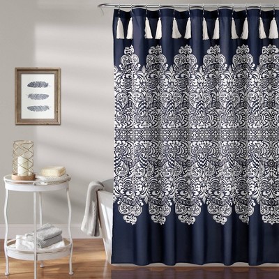 navy and grey shower curtain