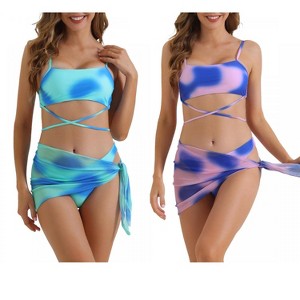 INSPIRE CHIC Women's Adjustable Spaghetti Straps Strappy Triangle Bottoms with Mesh Skirt Bathing Bikini Suit 2 Sets - 1 of 4