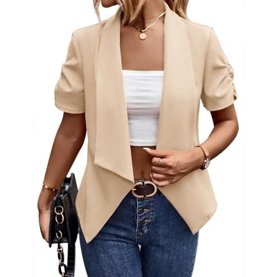 Womens Ruched Sleeve Blazer Jackets Open Front Short Sleeve Notched Blazer for Business Office Blazer for Work Summer Formal Suits