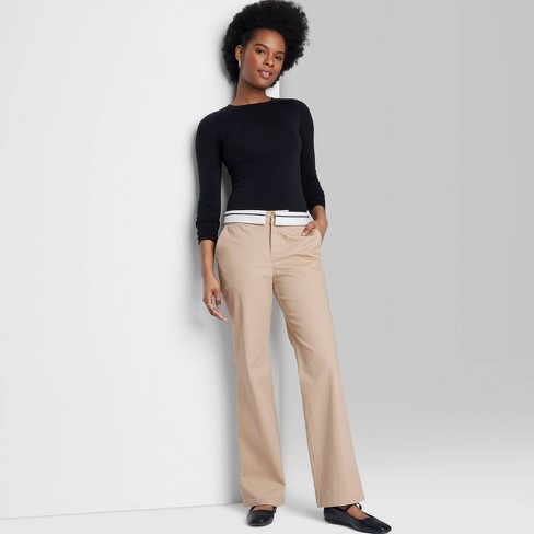 Fold-Over Waistband Straight Stretch Twill Pants