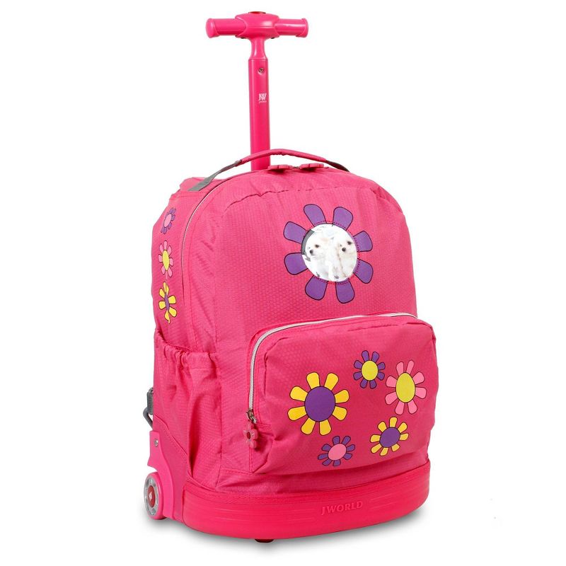 J World Daisy Rolling 16.5&#34; Backpack - Pink: Kids Ages 4-8, Floral Design, Telescoping Handle, Water-Resistant, 1 of 6
