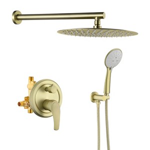Cobbe Brushed Gold Wall Mount with 12-Inch Rainfall Head 5 Settings Hand Shower and 15.74-Inch Shower Arm Single Handle Bathroom Shower System - 1 of 4