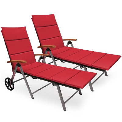 Tangkula 2PCS Folding Outdoor Rattan Chaise Lounge Chair Cushioned Recliner with Wheels& Cushions