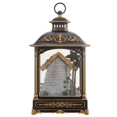 Antique Black and Gold Nativity Diorama Lantern with Light
