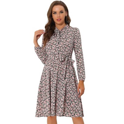 INSPIRE CHIC Women's Tie Neck Chiffon Long Sleeves Vintage Belted Floral Dress