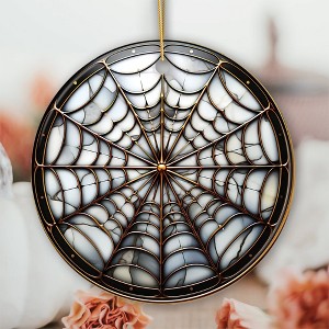 Golden Arachnid Haunt Intricate Spider Web Stained Glass Style Ceramic Ornament, Halloween Themed Christmas Gift and Decor| OrnamentallyYou - 1 of 4