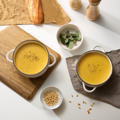 Ivory and Copper Embossed Ceramic Soup Bowls with Handles, Set of 4