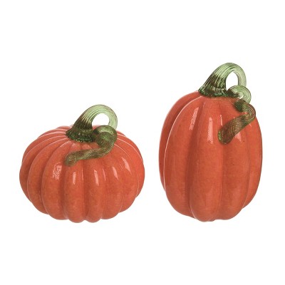 Transpac Glass 9 in. Orange Autumn Bright Pumpkins with Curly Stems Set of 2