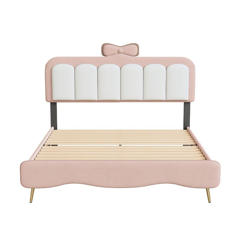 Twin/Full Size Velvet Princess Bed With Bow-Knot Headboard, White+Pink 4A - ModernLuxe, 5 of 8