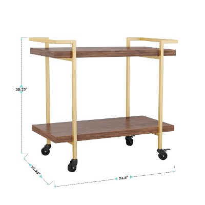 Walnut and Brass 2-Tier Mobile Office Printer Cart with Side Storage
