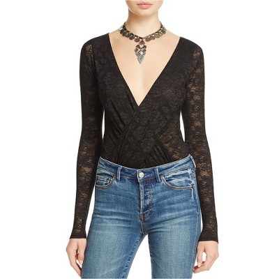 Free People Womens Sheer Faux-Wrap Bodysuit Jumpsuit