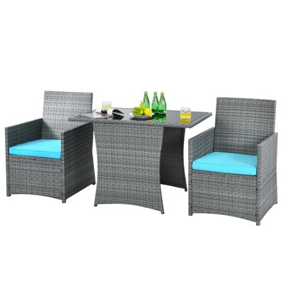 Tangkula 3PCS Patio Rattan Furniture Set Outdoor Wicker Table & Chair Set w/Cushions White/Red/Gray/Turquoise/Navy