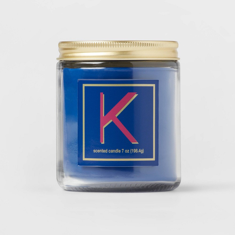 7oz Scented Monogram Letter 'K' Candle with Gold Matte Lid Royal Blue - Opalhouse™