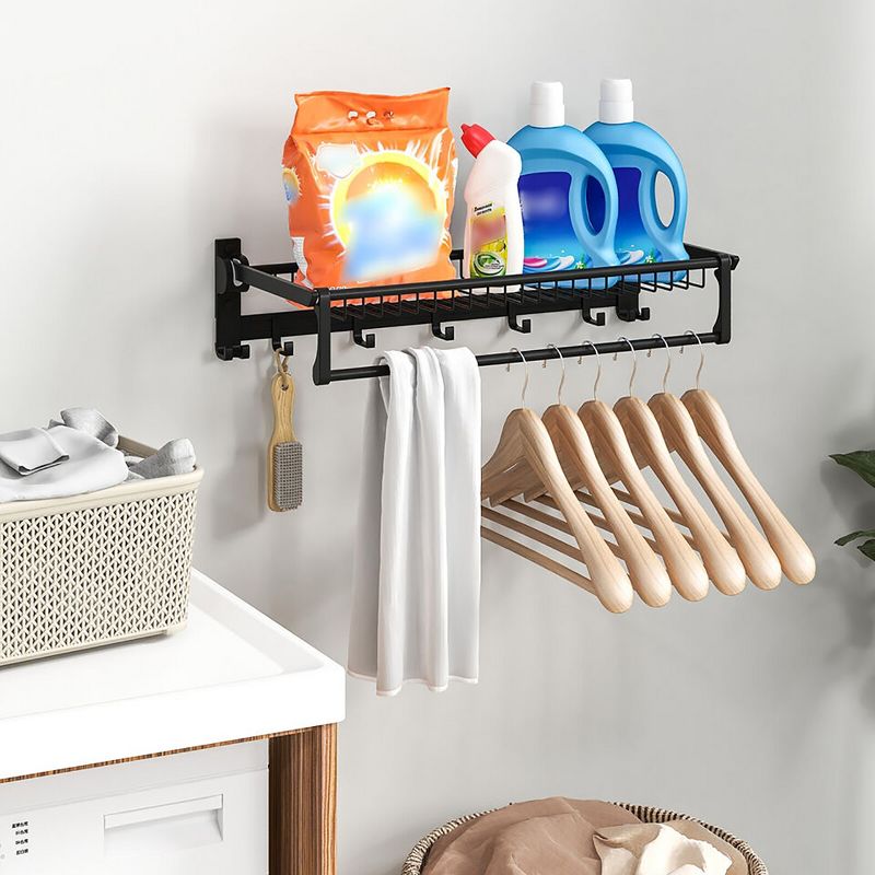 Tangkula Wall Mounted Foldable Towel Rack w/ Adjustable Towel Bar & Movable Hooks Black, 3 of 11