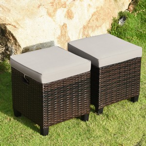 Tangkula Set of 2 Patio Rattan Ottoman Footrest Garden Outdoor w/ Brown Cushion - 1 of 4