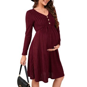 Women's Maternity V Neck Dress Casual Long Sleeve Knit Midi Sweater Dress with Pocket Photoshoot Baby Shower - 1 of 4