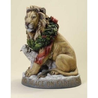 Roman 19.25" Beige and Gray Lion with Lamb 'Peace on Earth' Christmas Tabletop Figurine