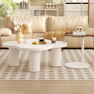 Modern Coffee Table Set of 2, Irregular Shape Coffee Table with Four Roman Column Legs and End Table with Glass Top for Living Room