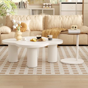 Modern Coffee Table Set of 2, Irregular Shape Coffee Table with Four Roman Column Legs and End Table with Glass Top for Living Room - 1 of 4