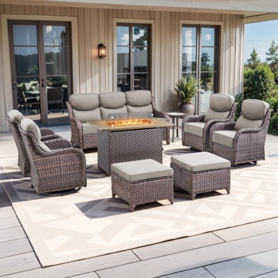 Buenhomino 9-Piece Patio Furniture Set with 41" Fire Pit Table Wicker Rattan Patio Sectional Sofa Set Outdoor Seating Furniture with Thickened Cushion