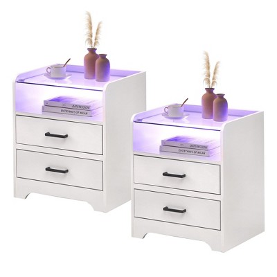 Homhougo Nightstand Set of 2, White Night Stand with LED Lights and 2 Drawers White