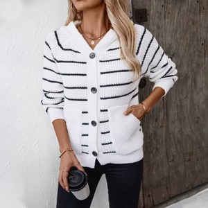 Coolmee Women's Striped Cardigans Casual Hooded Sweaters Long Sleeve Button Down  V Neck Classic Knit Cardigans Tops with Pockets S White - 1 of 4