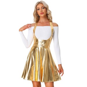 INSPIRE CHIC Women's Metallic Tie Halter Neck High Waist Party A-Line Overalls Dress - 1 of 4