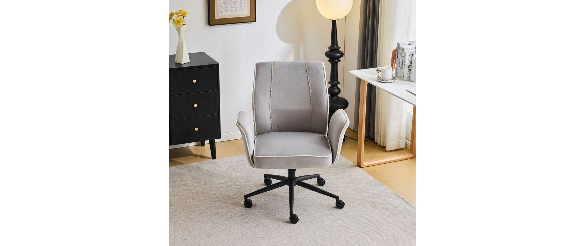 Karl Home | 28.5 inch Light Gray Velvet Dovetail Swivel Office Chair With Wheels