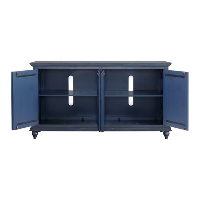 Rustic Blue 65" Solid Pine Wood TV Stand with Cabinet