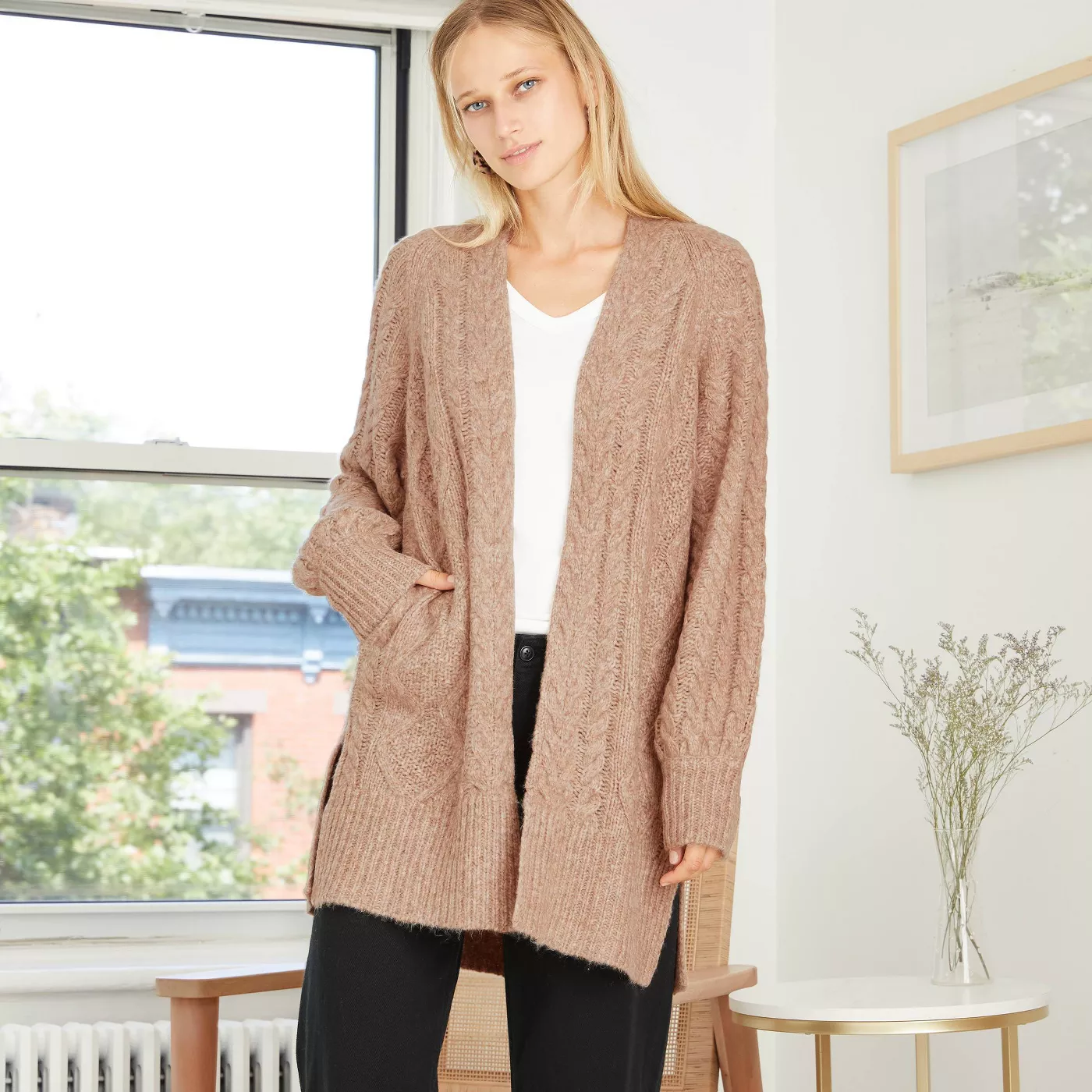 Women's Cable Knit Open-Front Cardigan