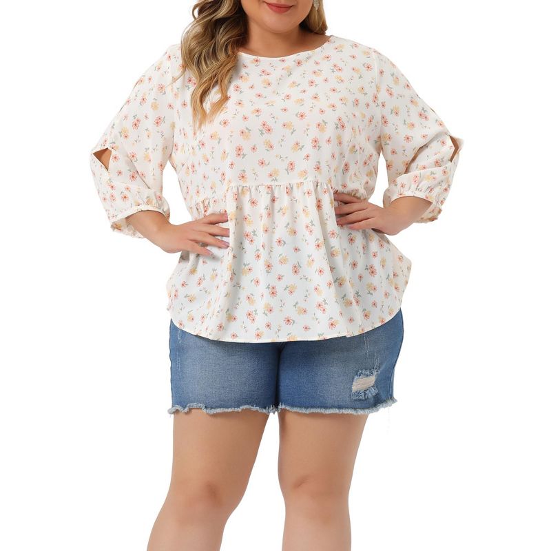 Agnes Orinda Women's Plus Size Casual Babydoll Peplum Cut Out 3/4 Sleeve Floral Blouses, 2 of 6
