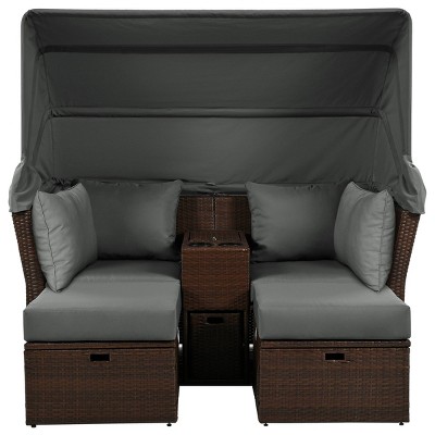 Nestfair 2-Seater Wicker Outdoor Double Day Bed with Foldable Awning and Cushions