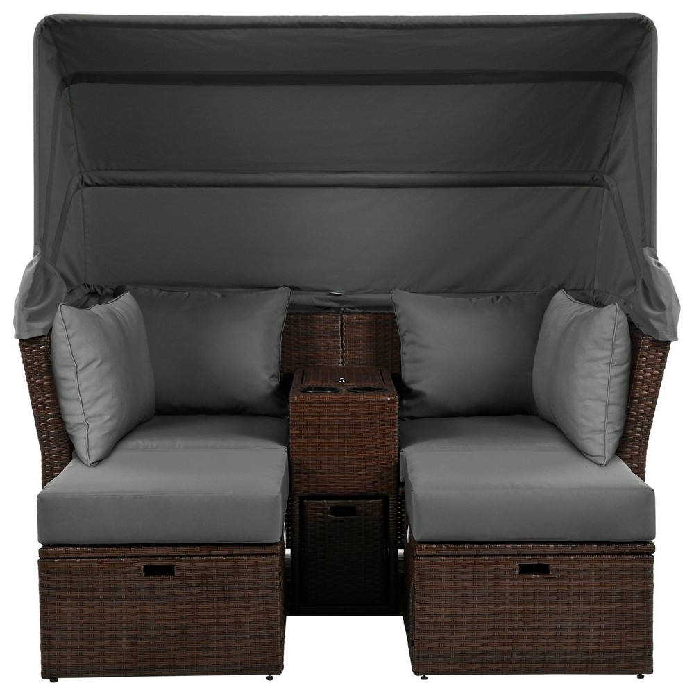 Nestfair 2-Seater Wicker Outdoor Double Day Bed with Foldable Awning and Cushions Gray
