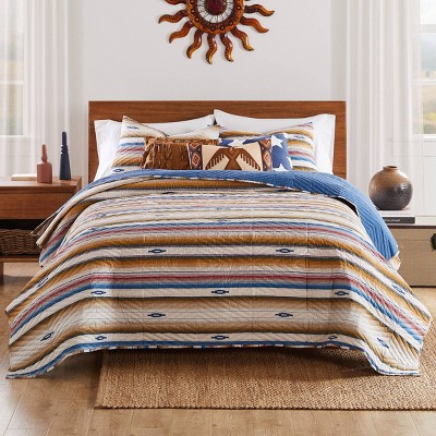 Sapphire Blue and Red Southwestern Reversible Full Quilt Set