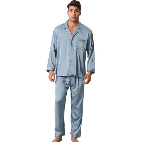 Men Checkered Silk Satin Pajamas Set Home Sleepwear Long Trouser