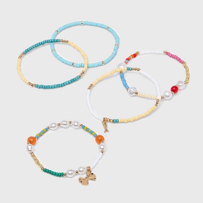 Acrylic Pearl Horn and Pasta Beaded Bracelet Set 5pc - Universal Thread™ Blue/White/Yellow