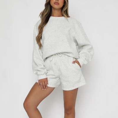 Mocamel Solid loose versatile casual round-neck sweatshirt and shorts set