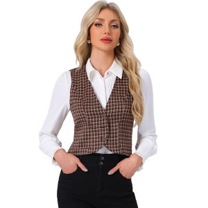 INSPIRE CHIC Women's Vintage Plaid V Neck Single Breasted Sleeveless Vest - 1 of 4