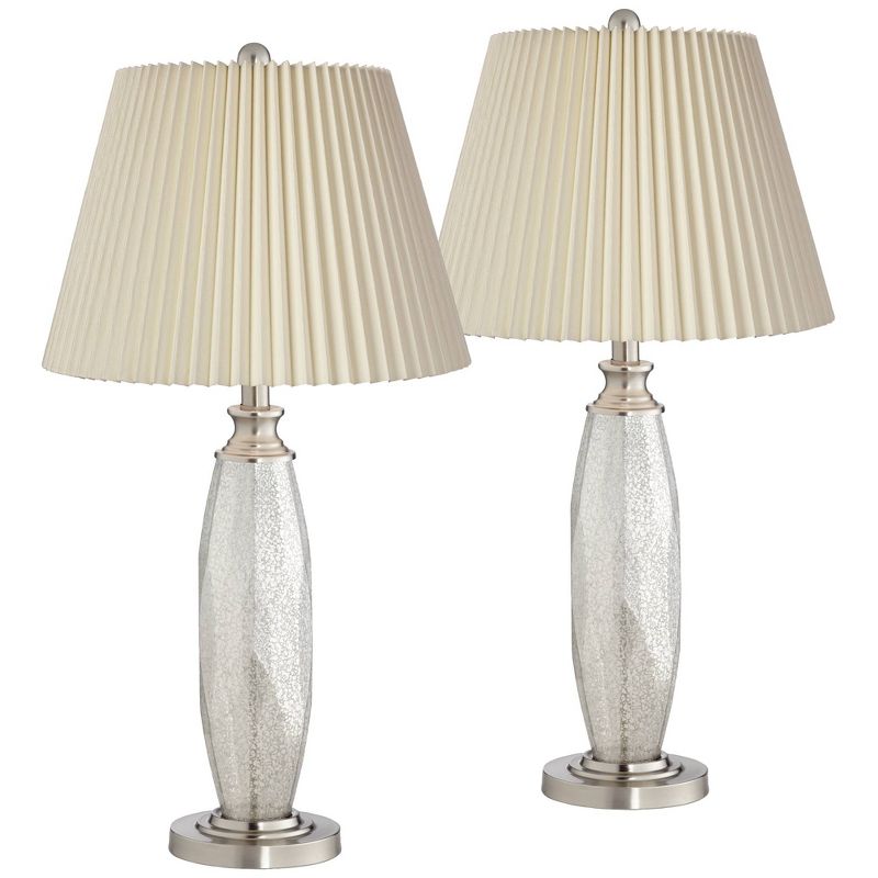 360 Lighting Carol Modern Table Lamps 28" Tall Set of 2 Mercury Glass Ivory Pleat Shade for Bedroom Living Room Bedside Nightstand Office Kids House, 1 of 6