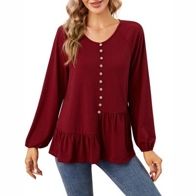 Women V Neck Long Sleeve Button Shirt Badydoll Tops Casual Asymmetrical Loose Flowy Ruffled Blouses