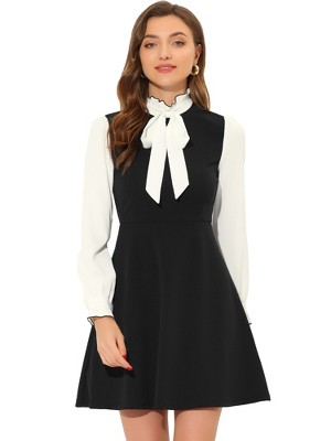 INSPIRE CHIC Women's Elegant Contrast Ruffle Stand Collar Bow Tie Puff Sleeve Office Dress