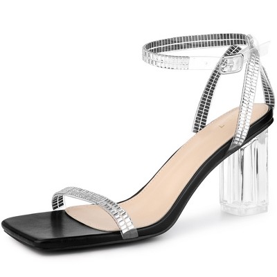 Perphy Women's Square Toe Rhinestone Strap Clear Block Heels Sandals