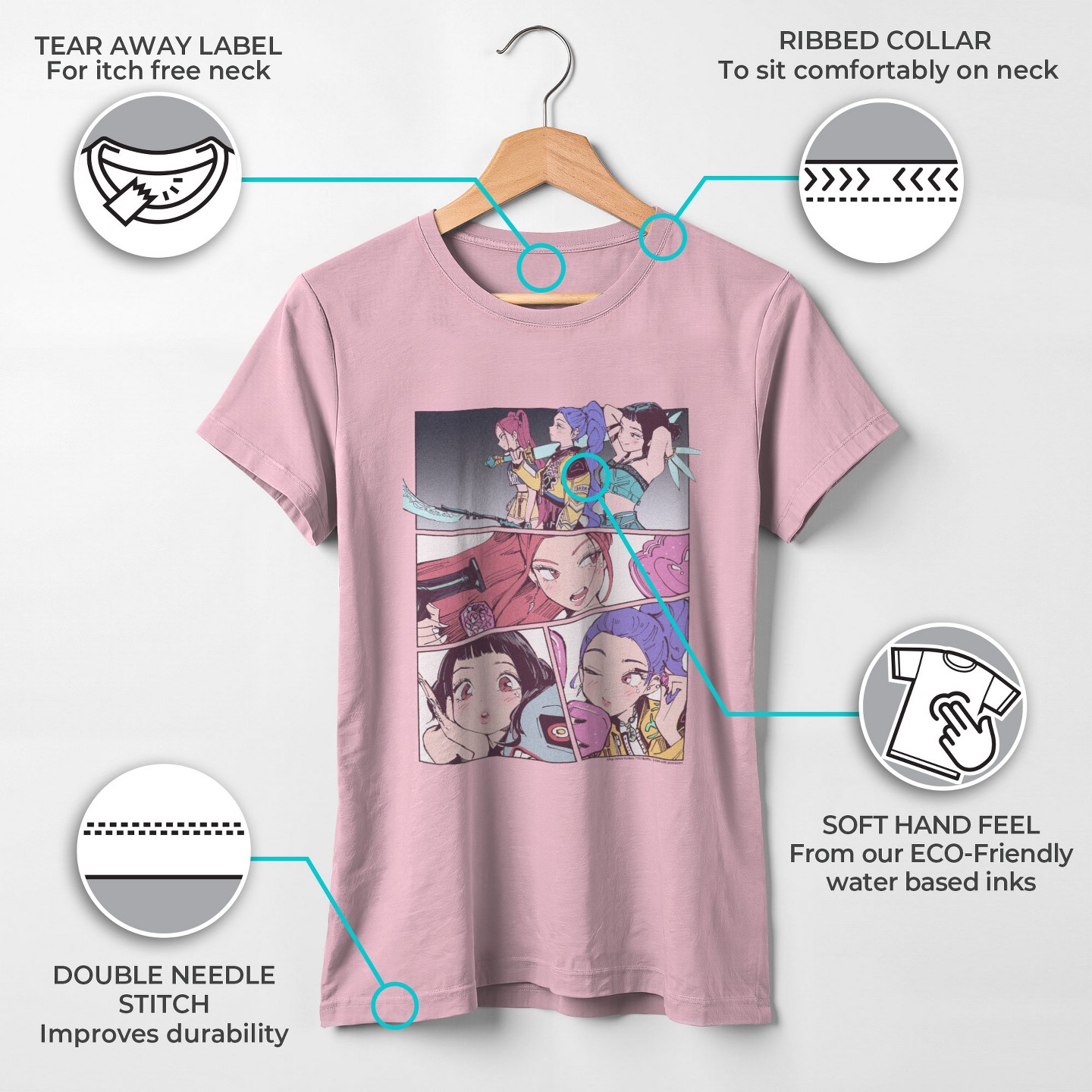 Футболка KPop Demon Hunters HUNTR/X Manhwa Comic Panels T Shirt - Light Pink для девочек, цвет: Светлый розовый — фото 3